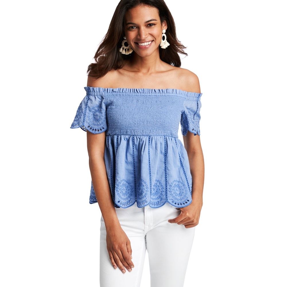 Vineyard Vines Blue Smocked Scalloped Eyelet Lace Top
